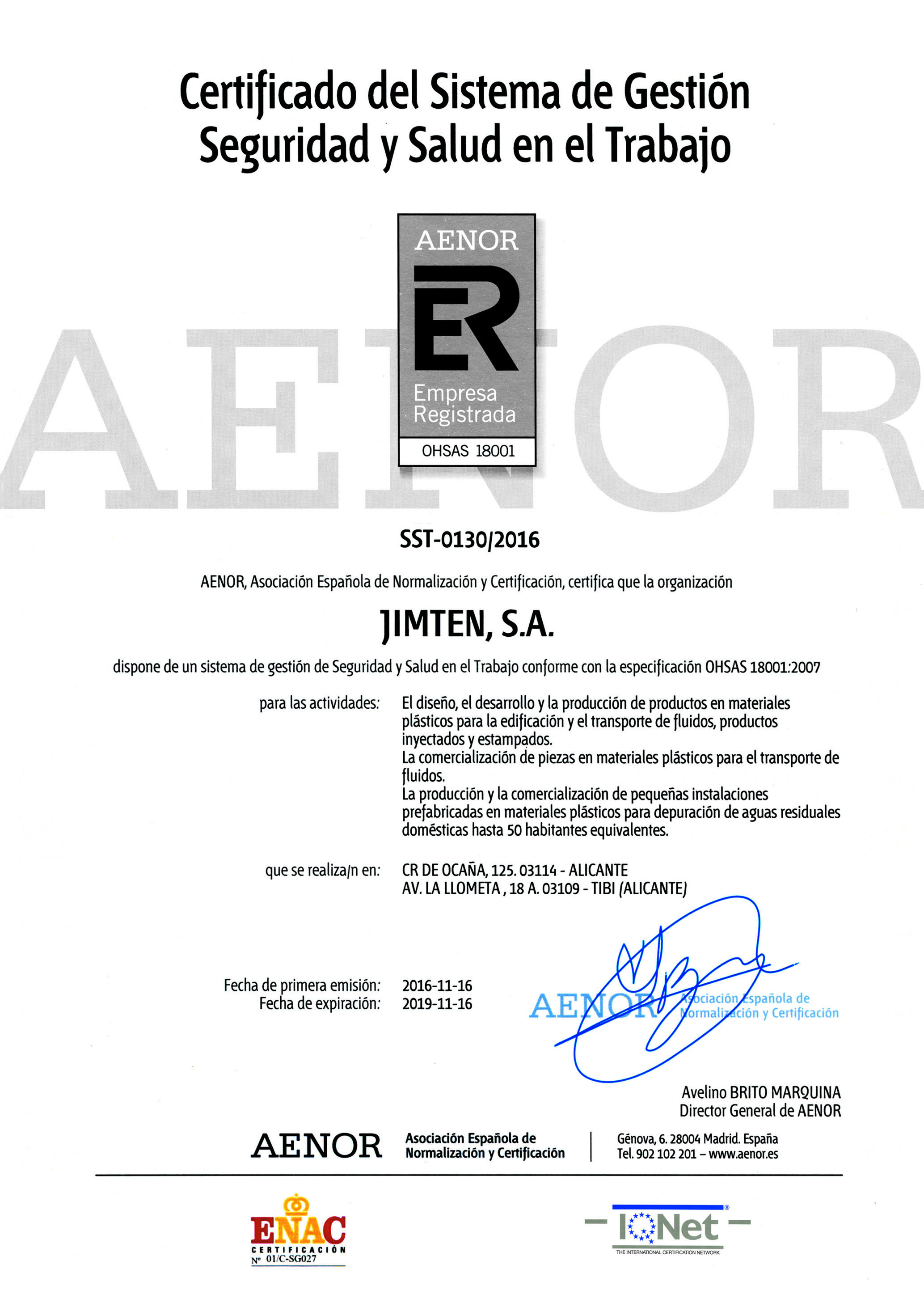 Certificado Jimten ER OHSAS 2019