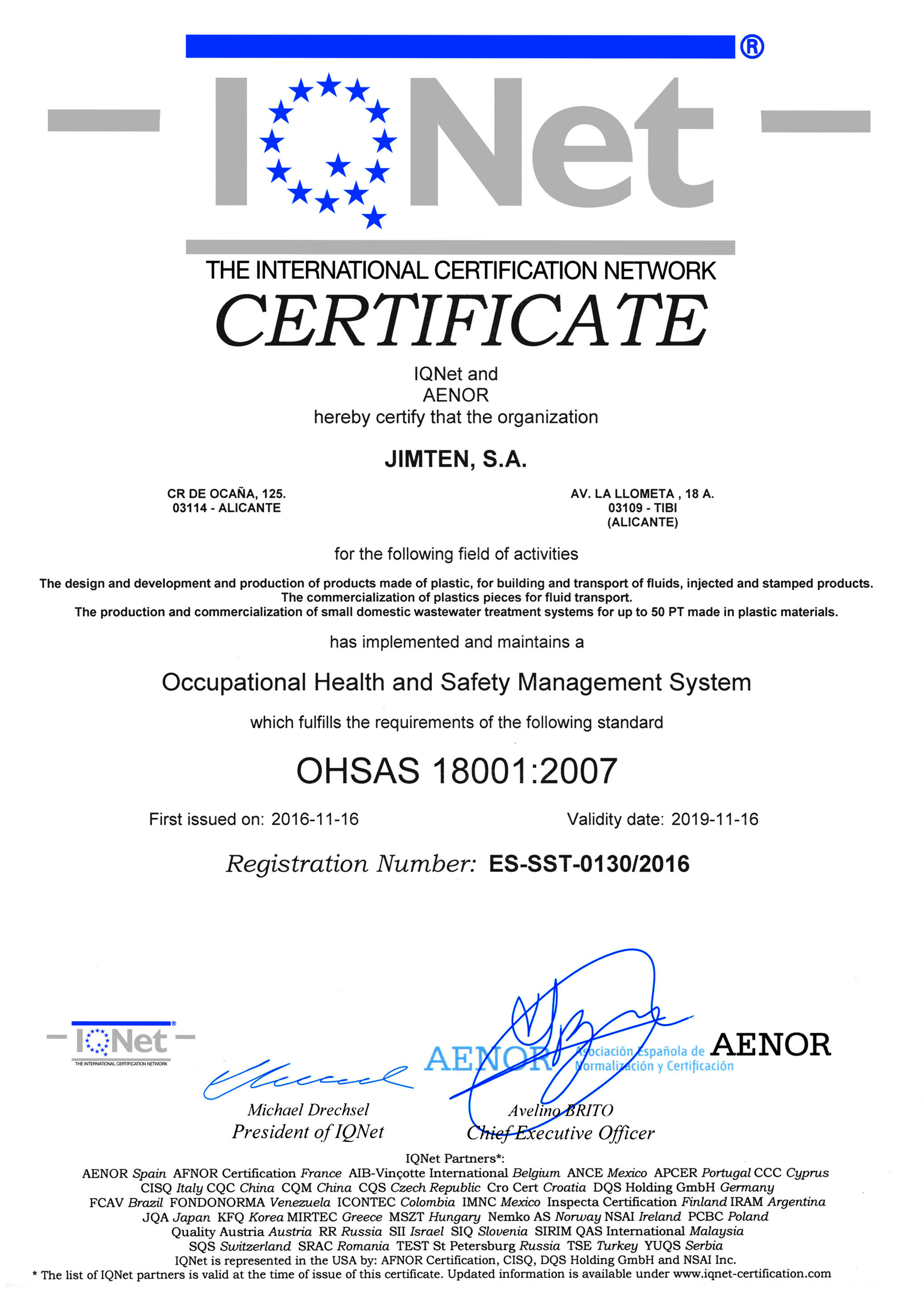 Certificado Jimten IQNET OHSAS 2019